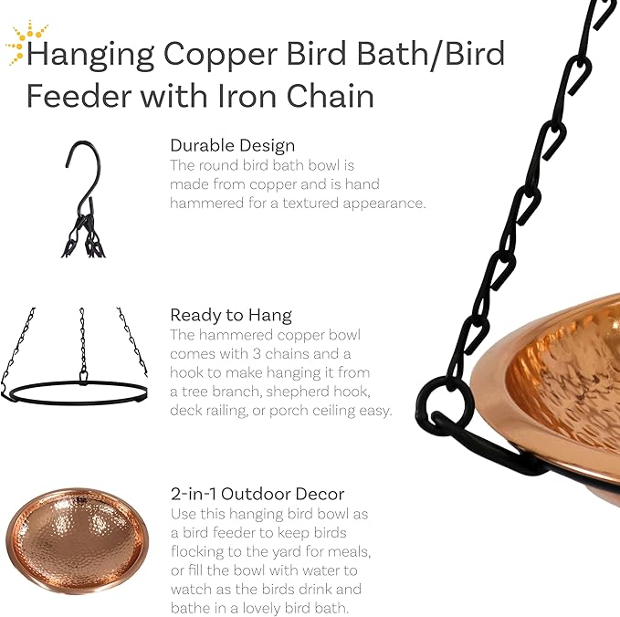 Sunnydaze Hand-Hammered Hanging Bird Bath/Feeder - Detachable Bowl with Hanging Chain - Copper Bird Bath Bowl - 17.5" H