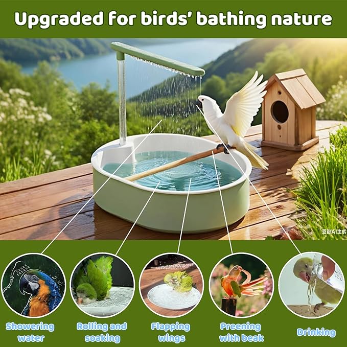 Bird Shower Parakeet Bath for Cage with Adjustable Water Flow Control Valve, Parrot Shower Bath for Budgies with Plug, Automatic Circulating Water Fountain for Pet Bird, Cockatiel, Conure(green pipe)