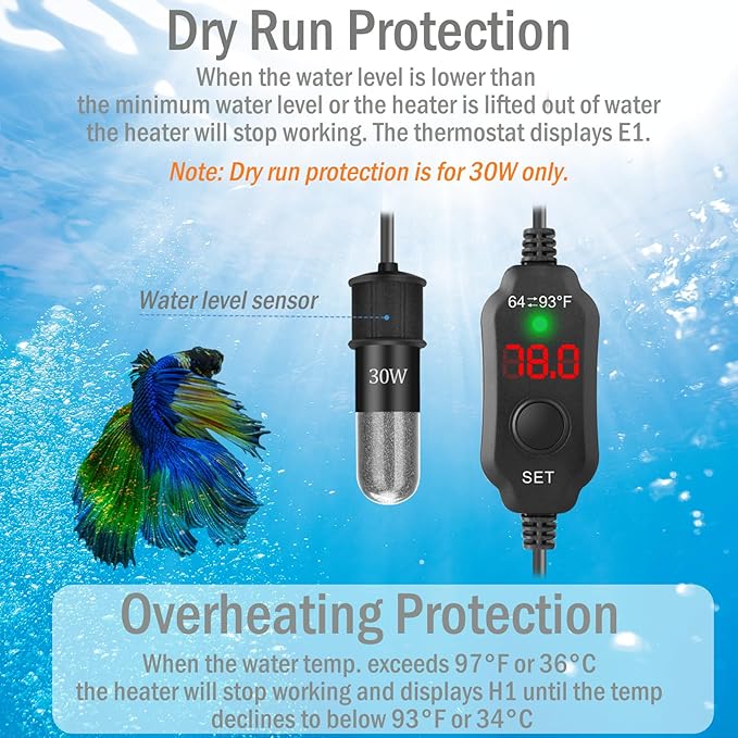 10W Mini Aquarium Heater for 1-2 Gallon Tanks | Submersible Fish Tank Heater with Digital Thermostat, Dry-Run & Overheat Protection, Memory Function