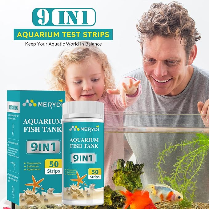 9-Way Aquarium Test Strips,50 Strips Aquarium Test Kit for Fish Tanks & Ponds, Quick & Accurate Water Testing Iron Copper Sodium Chlorine Nitrate Nitrite Total Alkalinity Hardness Free Chlorine pH