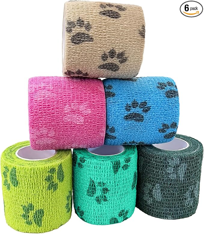 Breathable Cohesive Bandage Wrap, Medical Tape in First Aid Kit, Vet Wrap for Cables Handles & Temporary Bundling, Pawprints, 2 Inches X 5 Yards, 6 Rolls, Dusk Mirage