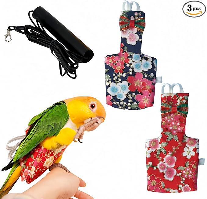 2Pcs Bird Diapers Bird Harness Flight Suits with 80in Flying Leash Reusable Parrot Nappy with Waterproof Inner Layer Urine Wet Suite for Cockatiel Budgie Conure Parakeet Lovebird-Red&Black