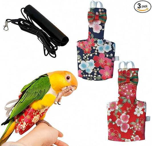 2Pcs Bird Diapers Bird Harness Flight Suits with 80in Flying Leash Reusable Parrot Nappy with Waterproof Inner Layer Urine Wet Suite for Cockatiel Budgie Conure Parakeet Lovebird-Red&Black