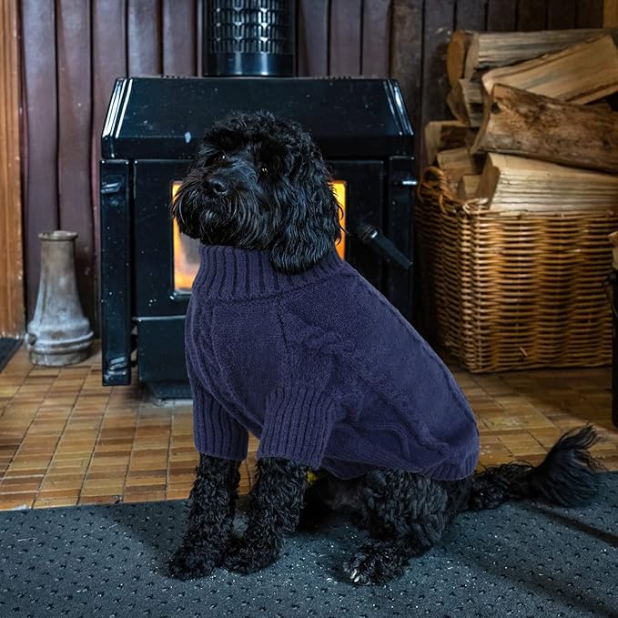 Queenmore Small Dog Pullover Sweater, Cold Weather Cable Knitwear, Classic Turtleneck Thick Warm Clothes for Chihuahua, Bulldog, Dachshund, Pug (Dark Navy, Small)