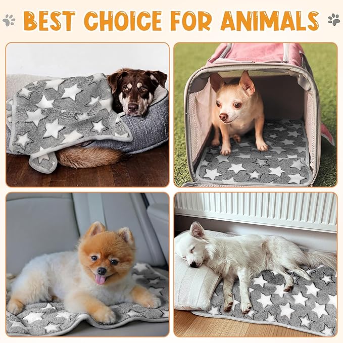 Tatuo 4 Pack Fleece Dog Blankets for Puppy Cats Multi-Size Sleep Mat for Pet Guinea Pig Soft Washable Crate Bed Puppy Teething Toys Print Pattern Warm Blanket Indoor(White,Grey,24 x 16 Inch,Star)