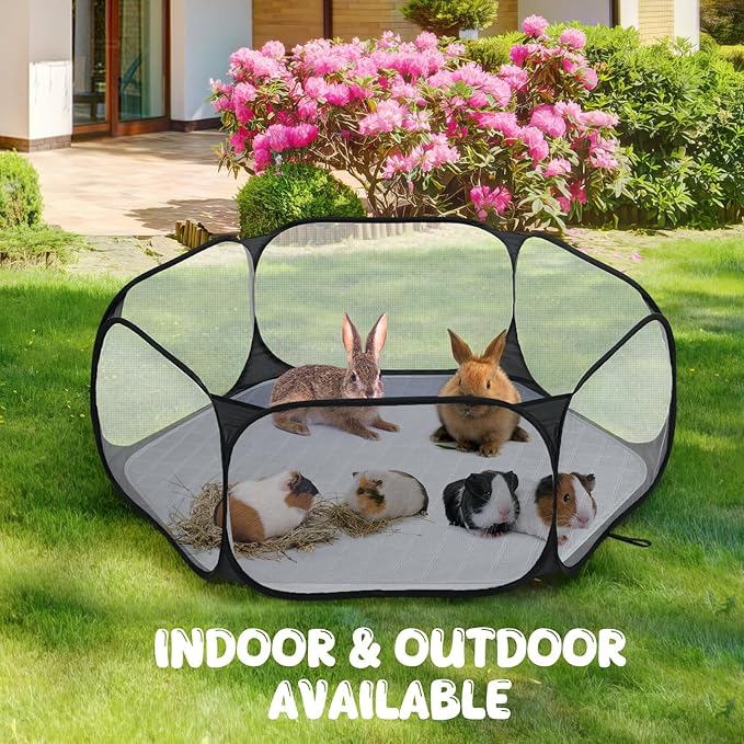 Pawaboo Small Animals Playpen with Pad, Waterproof Small Pet Cage Tent with Reusable Pad, Portable Outdoor Yard Fence for Chick/Kitten/Puppy/Guinea Pig/Rabbits/Chinchillas, Black/Gray