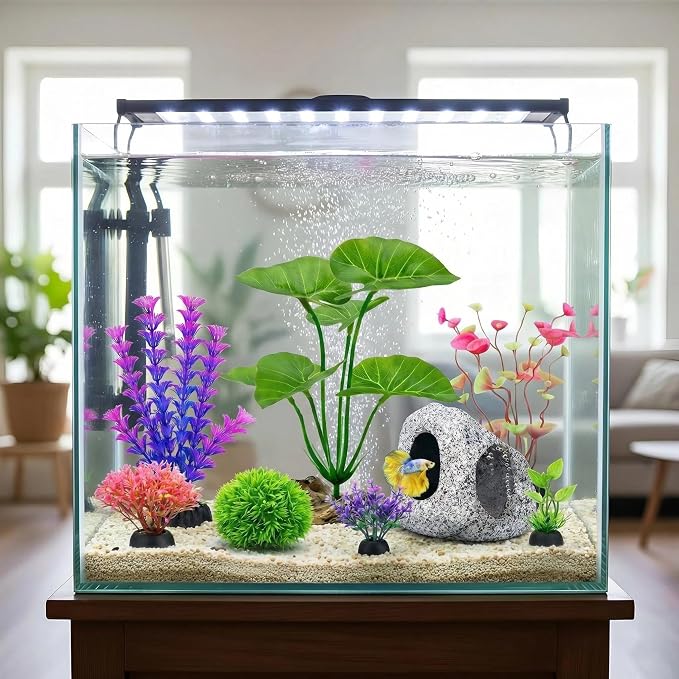 9 Fish Tank Decorations Set Aquarium Decor, Rock Cave Hideout, Artificial Aquarium Plants Plastic Betta Leaf Hammock Goldfish Betta Fish Tank Accessories Small Large Fish Bowl Ornaments