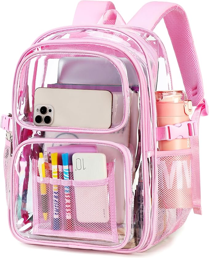 abshoo Large Heavy Duty Girls Clear Backpack for School Bookbag Transparent Multi Pocket Backpacks for Women (Pink)