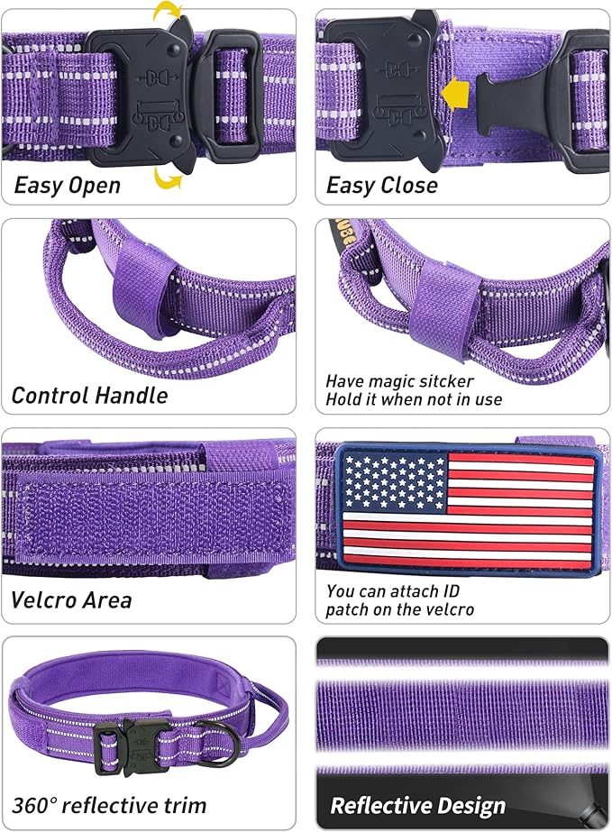 AUBELL Reflective Tactical Dog Collar,Adjustable Military Heavy Duty K9 Collars with Handle and Quick Release Metal Buckle Great for Extra Large Dogs, with Airtag Case and 2 Patches (Purple,XL)