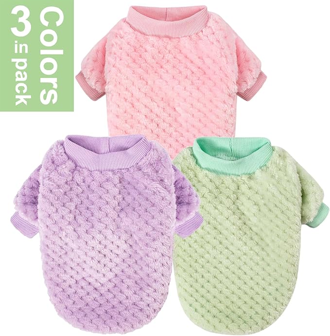 Dog Sweater, 3 Pack Dog Sweaters for Small Medium Dogs or Cat, Warm Soft Flannel Pet Clothes for Dogs Girl or Boy, Dog Shirt Coat Jacket (Large, Pink+Purple+Light Green)