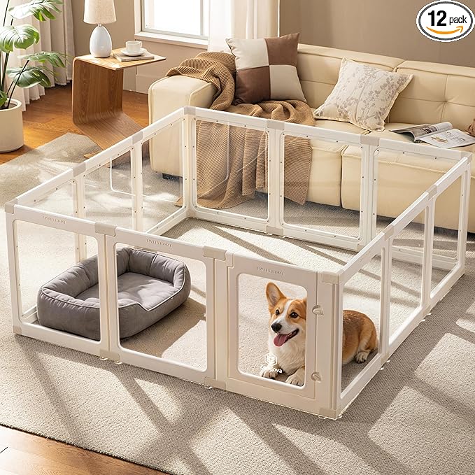 Acrylic Dog Playpen Indoor for Small Dogs & Puppies, Clear Transparent Pet Playpen with Modern No-Bar Design, 23.6" Easy Assemble Puppy Play Pen, Escape-Proof & Sturdy (12 Panels, White)
