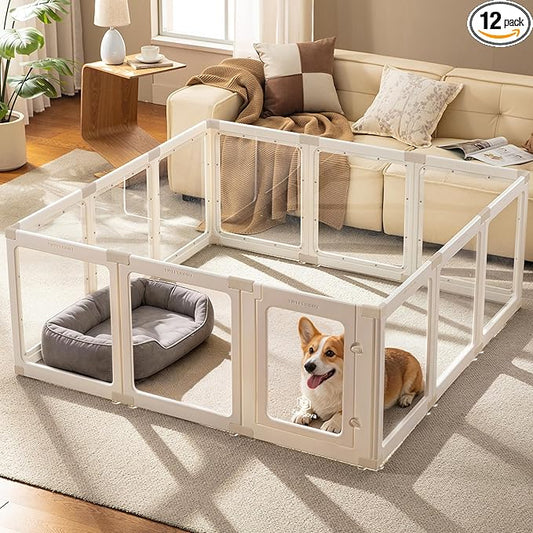 Acrylic Dog Playpen Indoor for Small Dogs & Puppies, Clear Transparent Pet Playpen with Modern No-Bar Design, 23.6" Easy Assemble Puppy Play Pen, Escape-Proof & Sturdy (12 Panels, White)