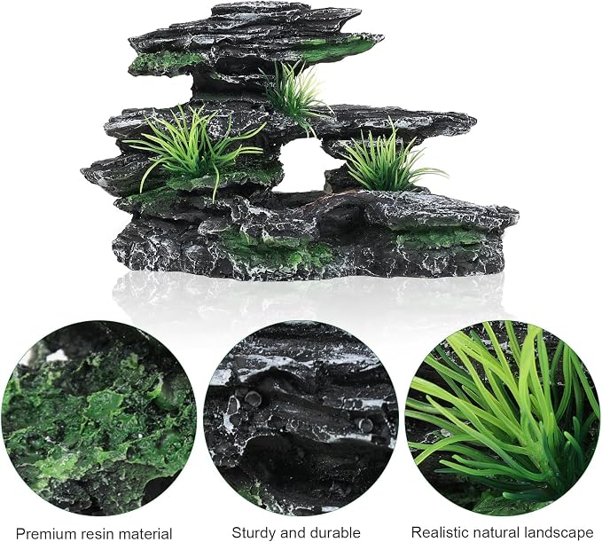Aquarium Decor Mountain View Stone Ornament, Premium Landscape Fish Tank Decorations, Fish Tank Accessories, Ideal for Betta, Snails, Turtle, Hiding, Playing, Basking and Resting Spots