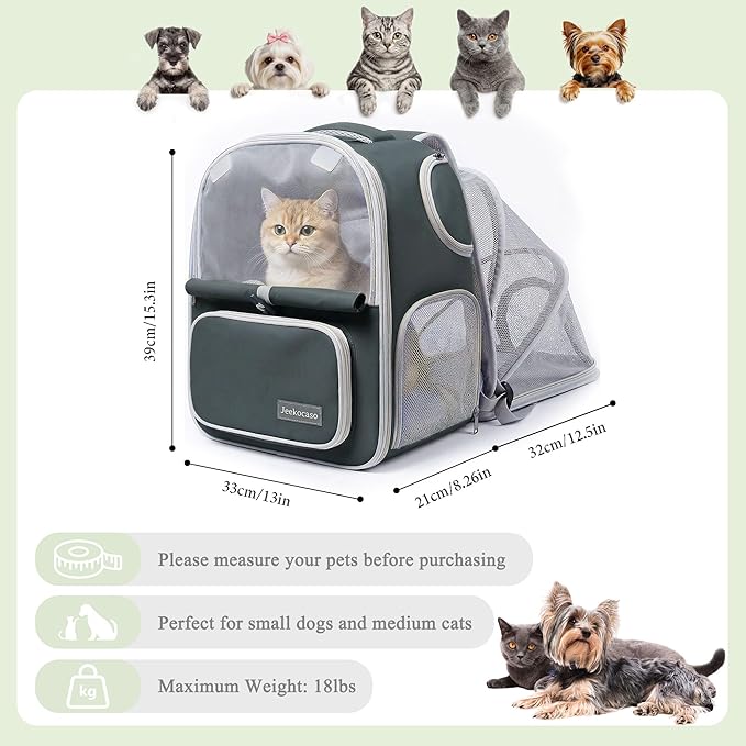 Cat Backpack Carrier Expandable, Breathable Mesh & Lockable Zippers & Shaded Curtains & Multi-Entry, Pet Backpack for Kitty Puppy Small Dogs Up to 18lbs for Travel, Hiking, Car, Vet(Green)