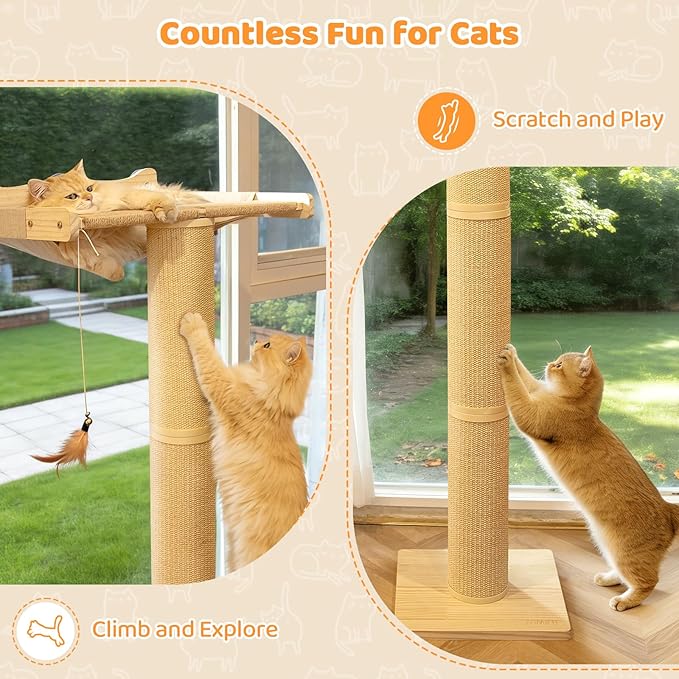Cat Window Perch Hammock with 3-Piece Detachable Roman Column Sisal Scratching Posts, Drill-Free Suction Cup Mount, Extra Large for Large Cats & Maine Coons, 60 LBS Capacity