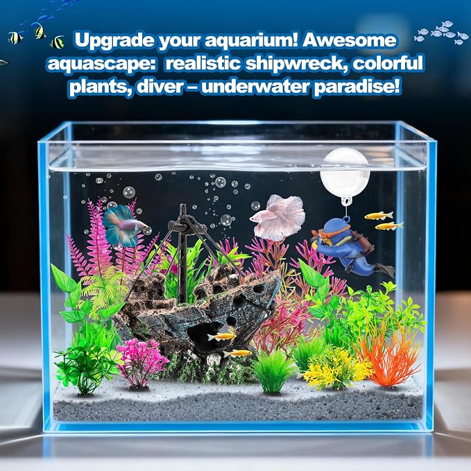 16 Pcs Aquarium Decor Set Shipwreck Decoration Little Diver Floating Fish Tank Decoration Fish Tank Plants