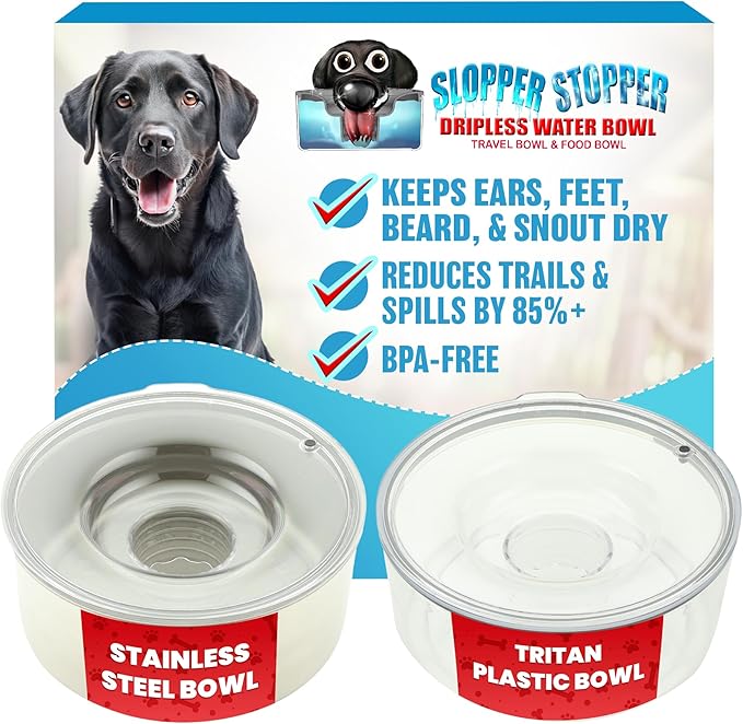 Slopper Stopper Stainless Steel Dripless Water Bowl with Tritan Plastic Lid – Holds 1 Gal, Reduces Spills & Trails Up to 85%+, Water Bowl for Small Breed Dogs (0-20 lbs), The Original Slobber Stopper