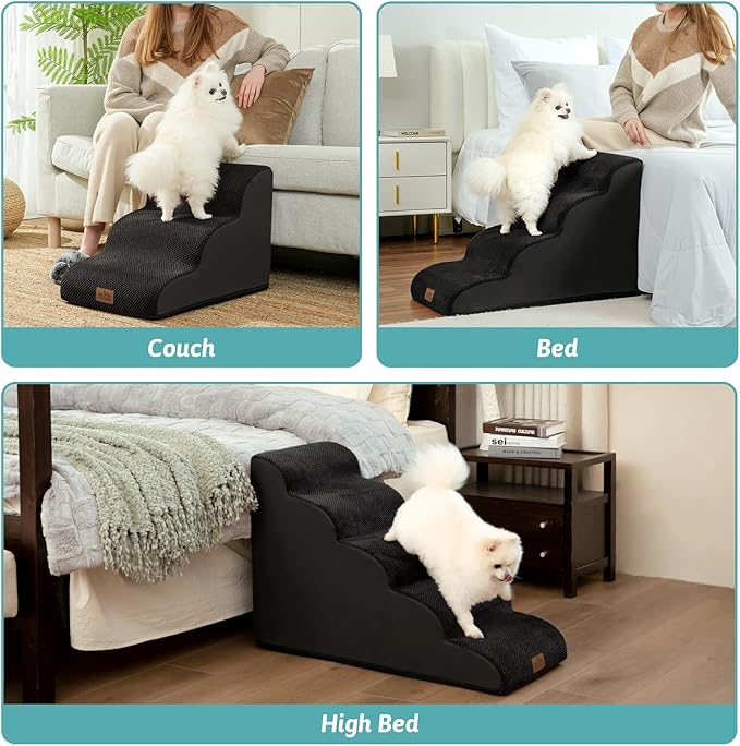 COZY KISS Wide Dog Stairs for Small Dog 15.7" H, Pet Step for Puppy, Older Cat, Curved Ramp for Couch, Durable Anti-Slip Ladder with High Density Foam, 3 Step, 17.7x22.4x15.7 inch, Black