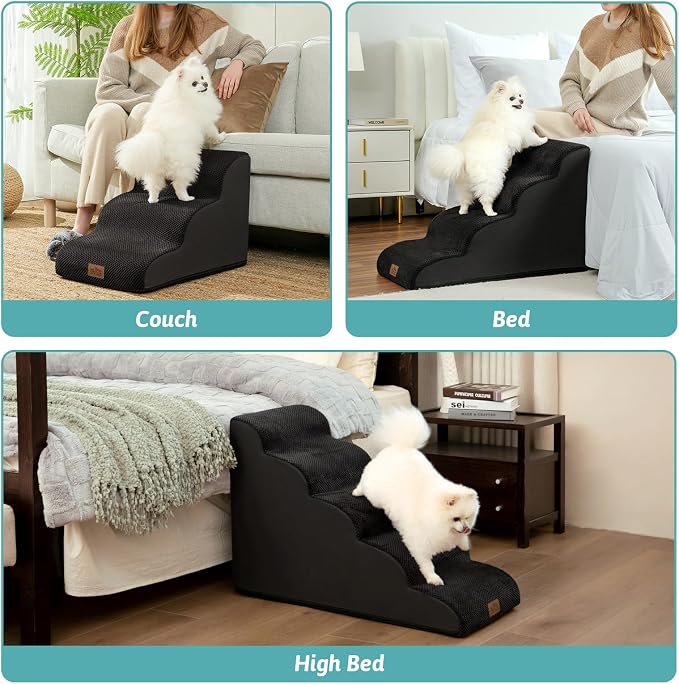 COZY KISS Dog Stairs for Small Dogs 19.7" H, Curved Dog Step for Puppy, Older or Cat, Medium Pet Ramp for Sofa, Couch or Bed, Ladder with High Density Foam, 4 Step, 15.7x28.3x19.7 inch, Black