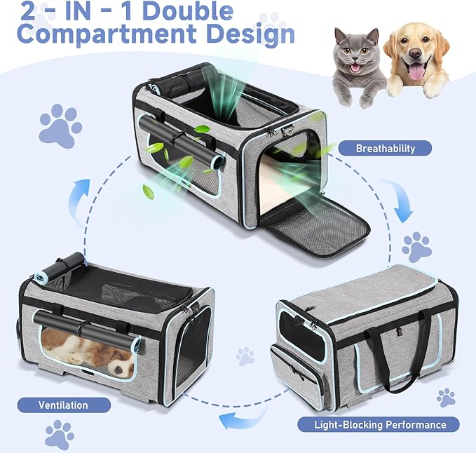 Pet Carrier with Wheels for Cats and Dogs, Pet Bag with Detachable Wheels & Washable Plush Pad, Escape-Proof Zipper & Shoulder Strap, Portable Carrier for Outdoor and Car Travel(Max. 40 lbs)