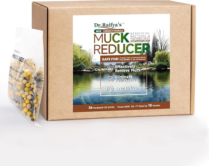 Dr.Raifya’s Muck Reducer 18 LB–Natural Pond Sludge & Odor Treatment, All-in-One Enhanced Cleaning Power in Ponds & Lakes, Beneficial Bacteria Safe for Fish, Pets & Wildlife, Treats Up to 144,000 Sq Ft