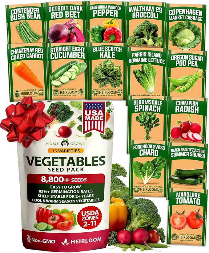 HOME GROWN 15 Variety Survival Seed Vault 7,000+ Heirloom Non-GMO Vegetable Seeds for Planting, High Germination, Complete Garden Starter Kit, Prepper Survival Gear, Indoor Outdoor