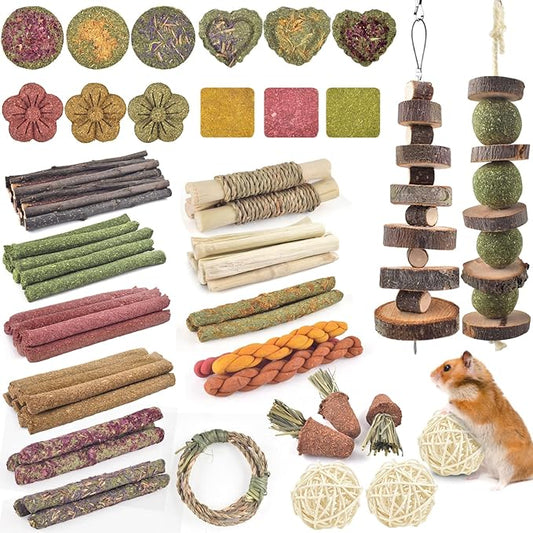 ERKOON 100PCS Rabbit Chew Toys, Natural Timothy Grass Cakes Guinea Pig Toys, Small Animal Teeth Grinding Treats for Bunny Hamster Chinchilla, Safe Dental Care Snacks