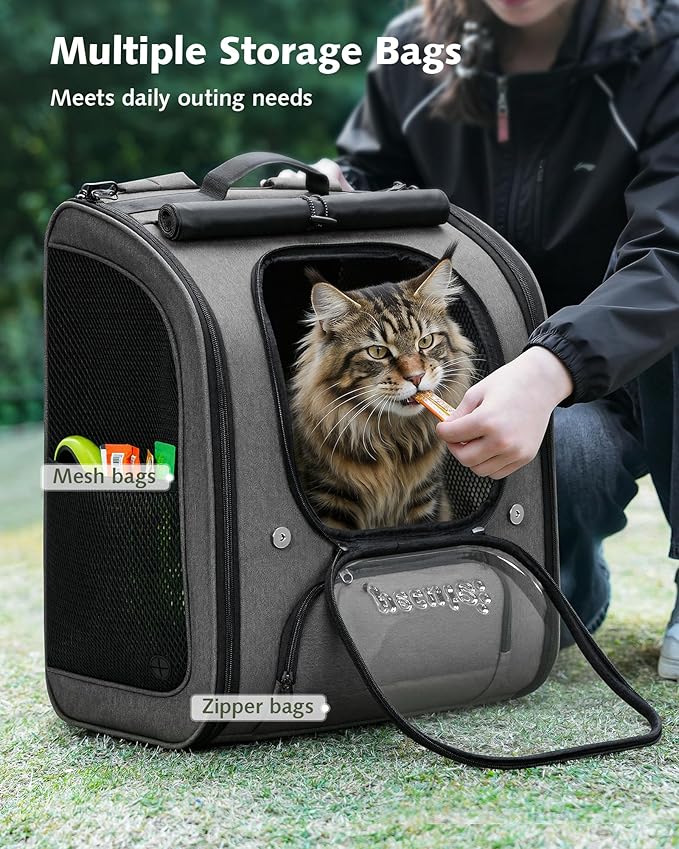Pecute Cat Backpack Carrier XL, Large Space Cat Bubble Backpack, Breathable Cat Carrier, Shaded Dog Backpack Carrier, Ergonomic 3D Design for Travel, Hiking, Suitable for Shopping, and Vet, Gray