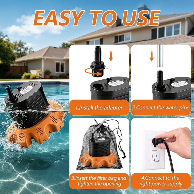 Pool Cover Pump Above Ground, 850 GPH Submersible Sump Pump for Pool Drain | 16FT Drain Hose, 25FT Power Cord, 3 Adapters, Safety and Sturdy, Powerful Water Removal for Pool Cover and Above Ground Pool