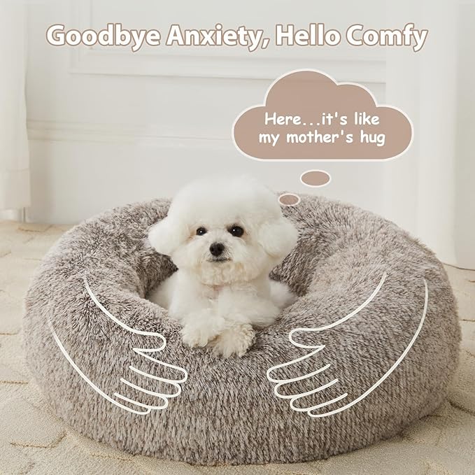 WNPETHOME Donut Dog Beds Large Sized Dog,Anti-Anxiety Caming Large Pet Bed,Fluffy Faux Fur Plush Puppy Bed，Warming Cozy Soft Round Bed for Pet, Cat Cuddler Cushion