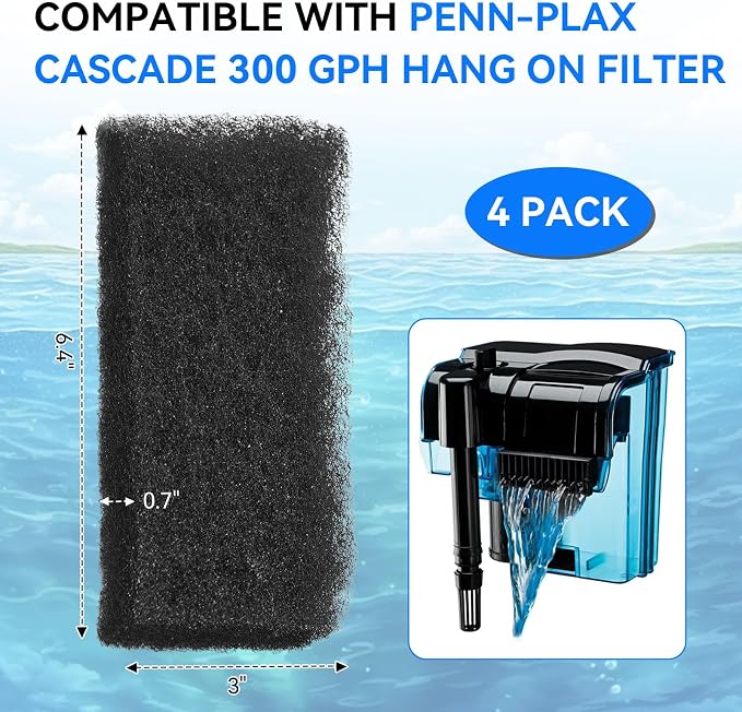 4 Pack Sponge Filter Media Pad Replacement for Penn-Plax Cascade 300 GPH Hang On Filter Aquarium Bio Sponge Filters Parts Filter Sponge Filter Foam for Aquarium Fish Tank Sump Turtle Tank Part#CPF510