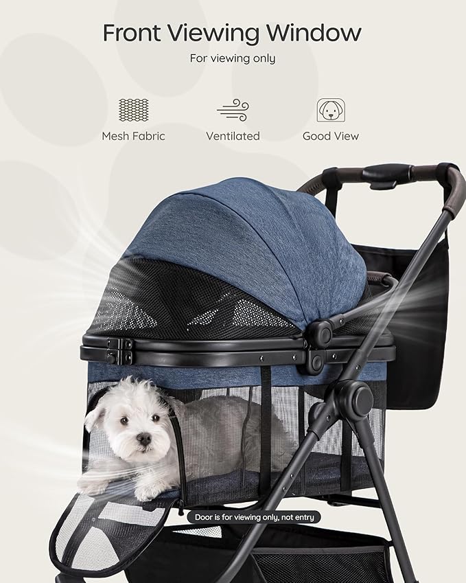 3 in 1 Pet Carrier Stroller with Detachable Carrier, Foldable Dog & Cat Stroller for Small/Medium Dogs up to 33 lbs, Large Storage Bag, Full Window Mesh, One-Touch Dual Brake, Car Seat