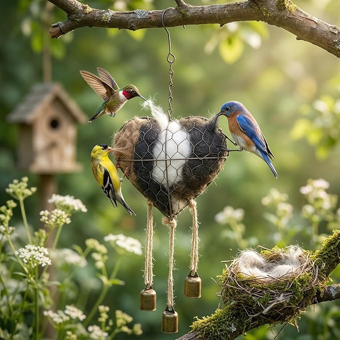 Handmade Alpaca Fiber Bird Nesting Heart Material with 3 Bells, Metal Wire Cage Holder for Wild Birds Hummingbirds Goldfinches, Refillable Garden Decor & Bird Lover Gift