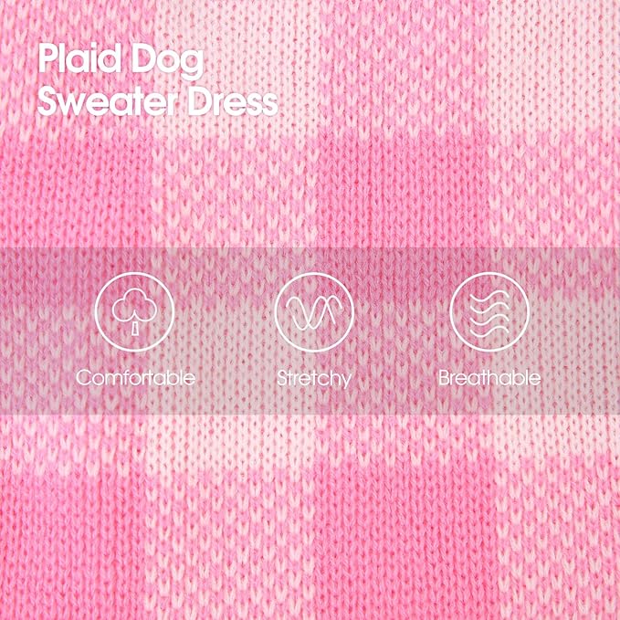 Dog Sweater Dress Plaid Knitwear for Small Medium Dogs Warm Puppy Pet Turtleneck Stretch Pullover Cute Fall Winter Vest Clothes with Leash Hole for Christmas (Pink, XL)