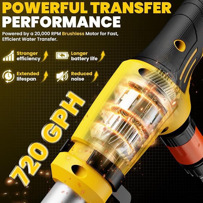 Cordless Stick Water Transfer Pump for Dewalt 20V Batteries (Tool Only) | 720 GPH Brushless Electric Submersible Pump, Portable Sump & Utility Pump for Pool, Garden, Pond, Boat & RV