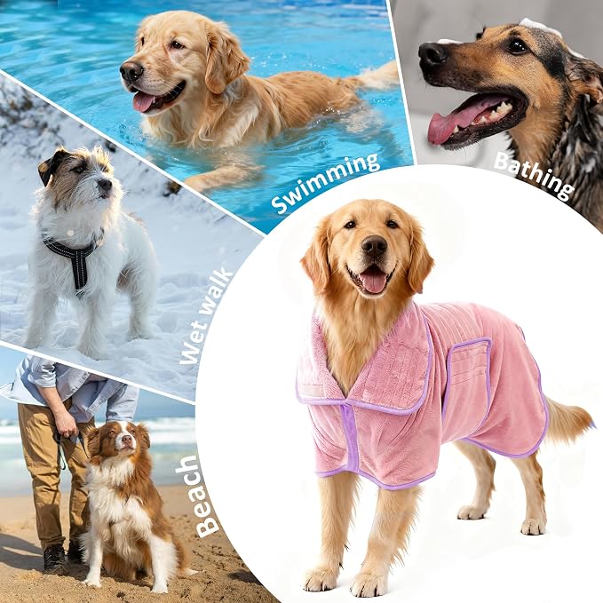 Soft Dog Bathrobe Fast Drying Dog Coat, Super Absorbent Dog Towels for After Bath, Microfiber Pet Robe Adjustable Collar & Belly Warm Keeping Dogs Coat for Pet Dogs & Cats (Pink, Medium)