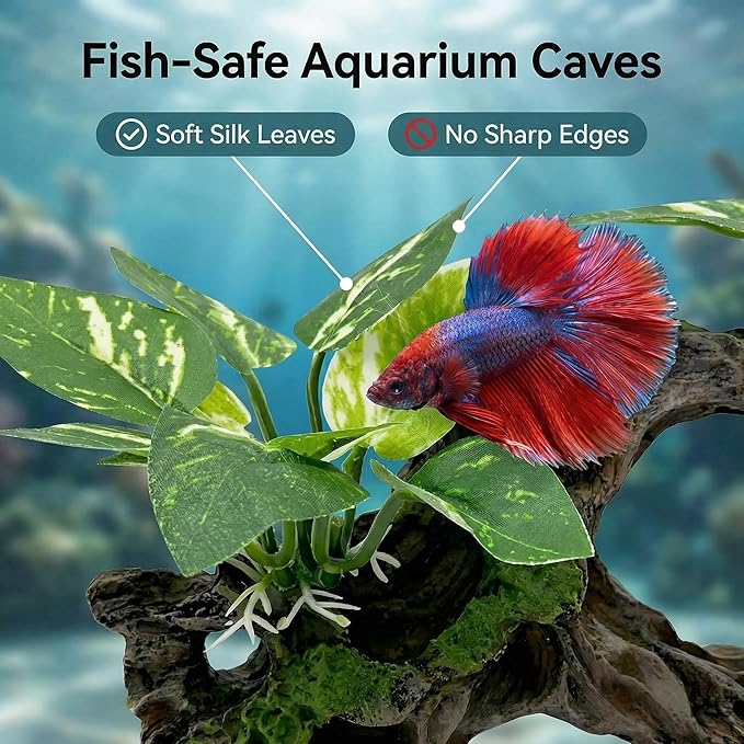 Aquarium Decor Cave with Silk Plants Fish Tank Decorations Ornament Small Aquarium Plants for Betta Goldfish Bowl Artificial Driftwood