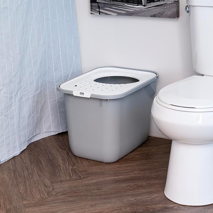 IRIS USA Cat Litter Box Large Top Entry with Lid, Enclosed Litter Box with Litter Catching Lid & Scoop, Covered Cat Litter Box Enclosure for Privacy, High Sided, Gray/White