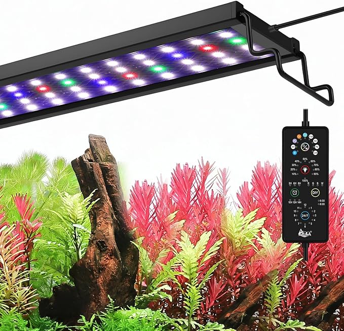AQQA Aquarium Plant Light Full Spectrum LED Fish Tank Light IP68 Waterproof with 24/7 Natural Mode & DIY RGBW Mode, 9 Colors & 10-Level Brightness Adjustable, 6 Timer Settings for 18"-24" Tank (18W)