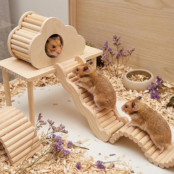 4 Pcs Hamster Platforms Wooden Ladder Bendy Bridge Fence Hidden Play House Hamster Game Climbing Toy with Platform Decor Cage Accessories for Dwarf Syrian Mice Degus Gerbils Squirrel Small Pets