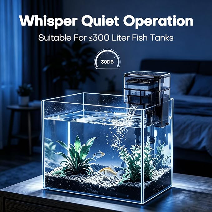 HOB Aquarium Filter, HOB Filter with Dual-Layer Dry-Wet Separation Box, 8W 800L/H 3-in-1 Ultra-Quiet for 500L Small Fish/Turtle Tank(XP-007 Ultra)