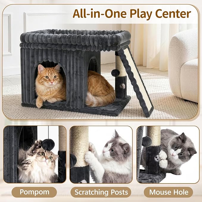 Cat Tree Tower Bed with Scratching Post for Indoor, Heavy Duty Small Stand House Condo for Large Cats & Kittens, Modern Sturdy Platform Perch Hideout Climb Rest Area, Dark Gray Striped Fabric