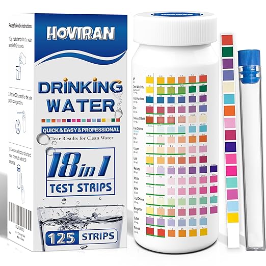 Drinking Water Test Strips 125ct 18 Parameters, Home Water Test Kit | Easy to Use Water Testing Kit for Lead, Hardness, Iron, Copper, Heavy Metals, Chlorine, Nitrate and More