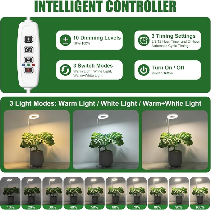 White Grow Lights for Indoor Plants Full Spectrum, 48 LEDs Plant Light for Indoor Plants, Height Adjustable, Small Halo Growing Lamp with Base, Auto Timer 3/9/12H, 3 Light Spectrums,10 Brightness