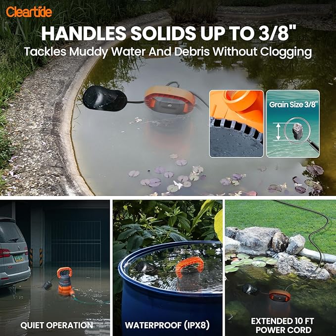 Cleartide Submersible Water Sump Pump with Float Switch, 1/2 HP 3060 GPH High Flow, Ideal for Yard and Flooded Cellar, Hot Tub, Garden Irrigation, Debris-Handling up to 3/8", 10 FT Cord