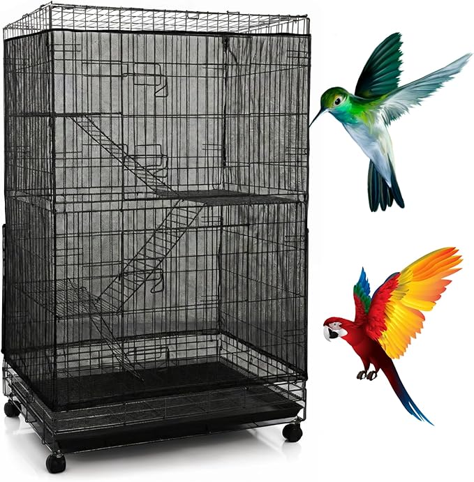 Trinkrittey Large Bird Cage Seed Cather, Black Bird Cage Cover Universal Nylon Birdcage Net Elastic Band Skirt Seed Guard for Parrot Parakeet Macaw(118 x 31.5in/300 x 80cm)