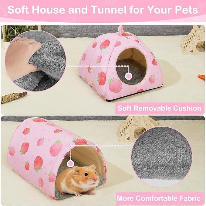 Bienbee Guinea Pig Hideout, Washable Guinea Pig Tunnel Set, 2 Pack Guinea Pigs Toys Guinea Pigs Cage Accessories for Small Animal Mouse Hamster Hedgehogs Rats,Pink Strawberry