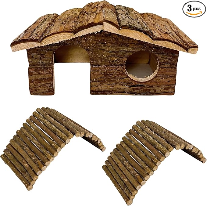 Hamiledyi Hamster Hideout Small Wooden House Natural Wood Rat Hut Hamster Bridge for Dwarf Mouse Playing Hiding