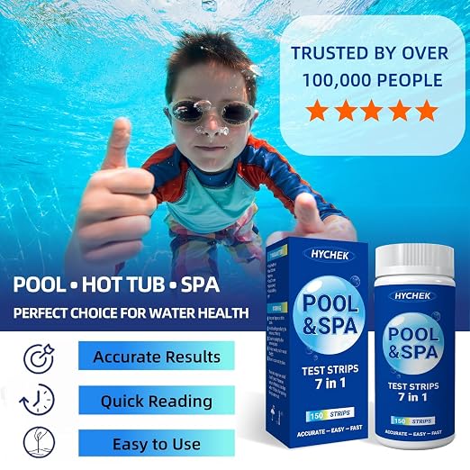 7 in 1 Accurate Pool Test Strips, 150-Count Hot Tub & Spa Test Strip | Water Chemical Testing Kit for Bromine, Chlorine, pH, Hardness, More, Fast & Easy Test Way, Pool Water Testing Kit