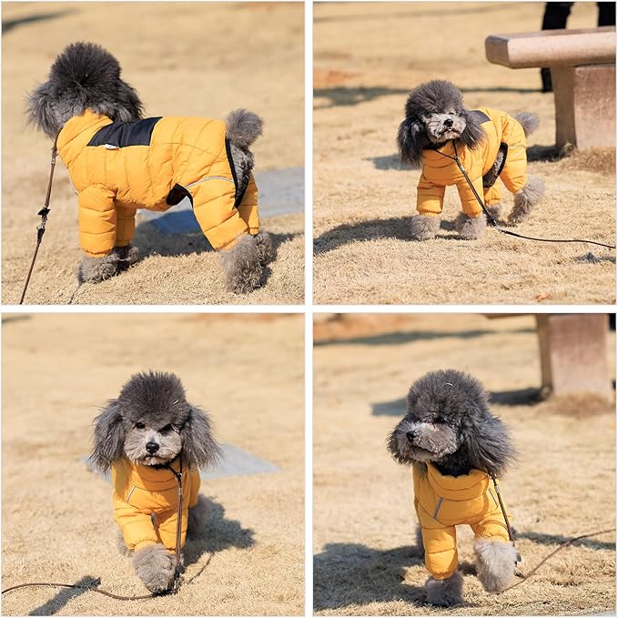 Warm Dog Coat, 4 Legs Covered Waterproof Windproof Reflective Jacket, Zippered Adjustable Outdoor Snow Vest for Small Medium Large Dogs Yellow XXXXL